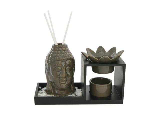 ENSEMBLE DE BRÛLEURS ET DIFFUSEURS À HUILE EN CÉRAMIQUE (TÊTE BUDDHA) (OLIVE)