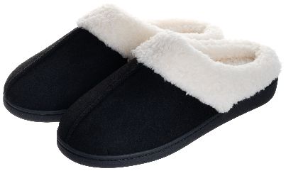 (PREB XM )PANTOUFLE NOIR POUR FEMME AVEC FOURRURE BLANCHE  MOUSSE MÉMOIRE