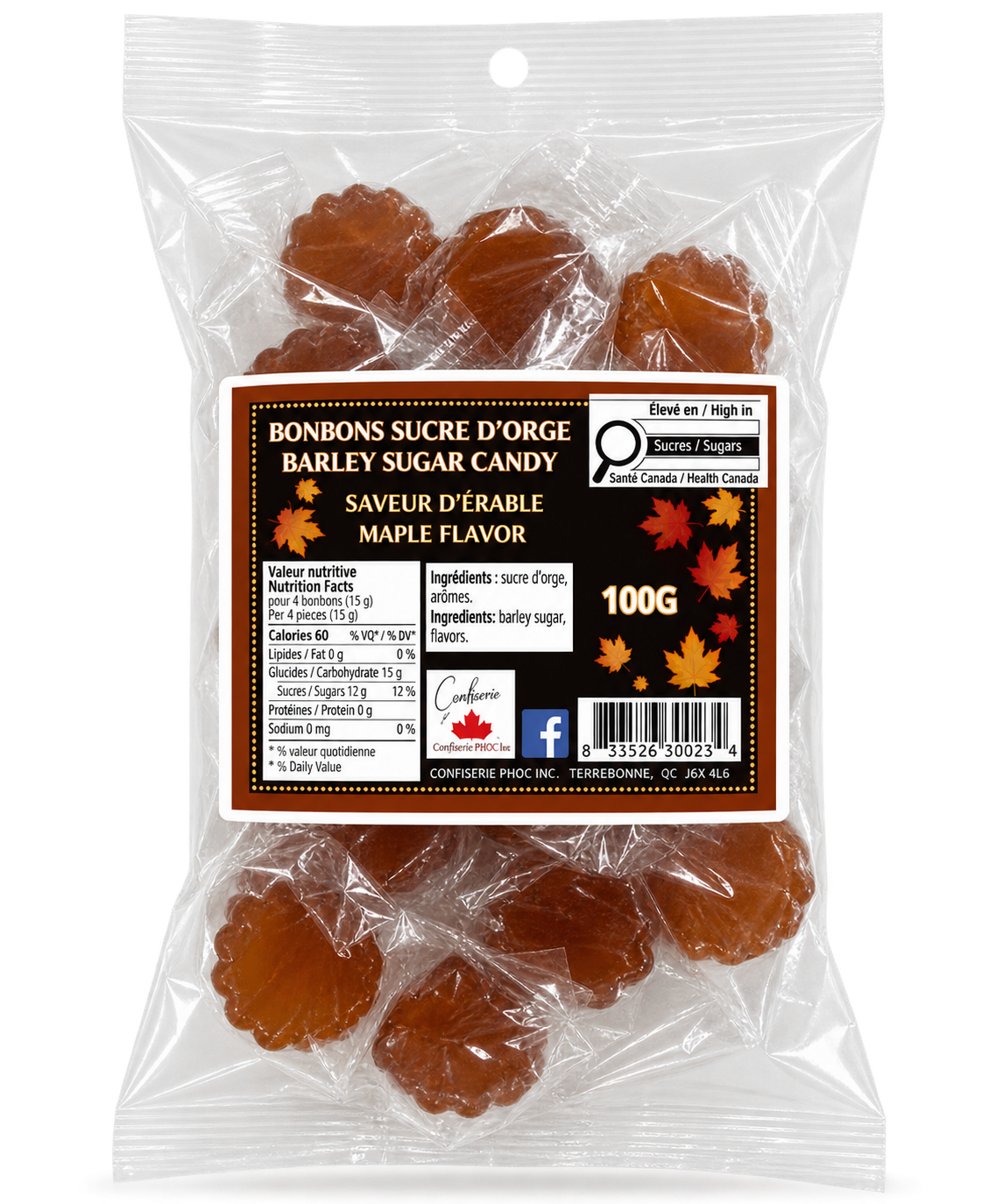 BONBONS SUCRE d'ORGE 100GR SAVEUR D'ÉRABLE(DISPO 21 SEPT)