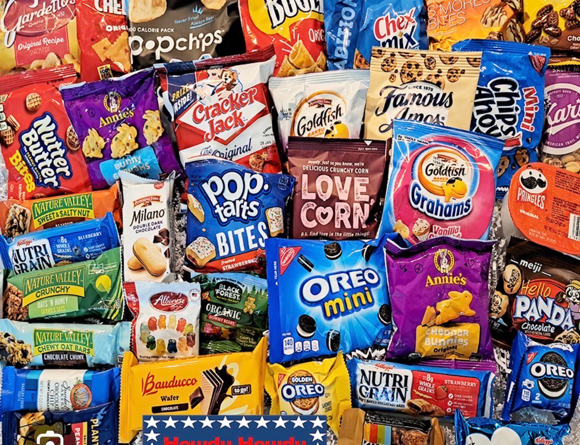 Snacks: chips, cookies, candy