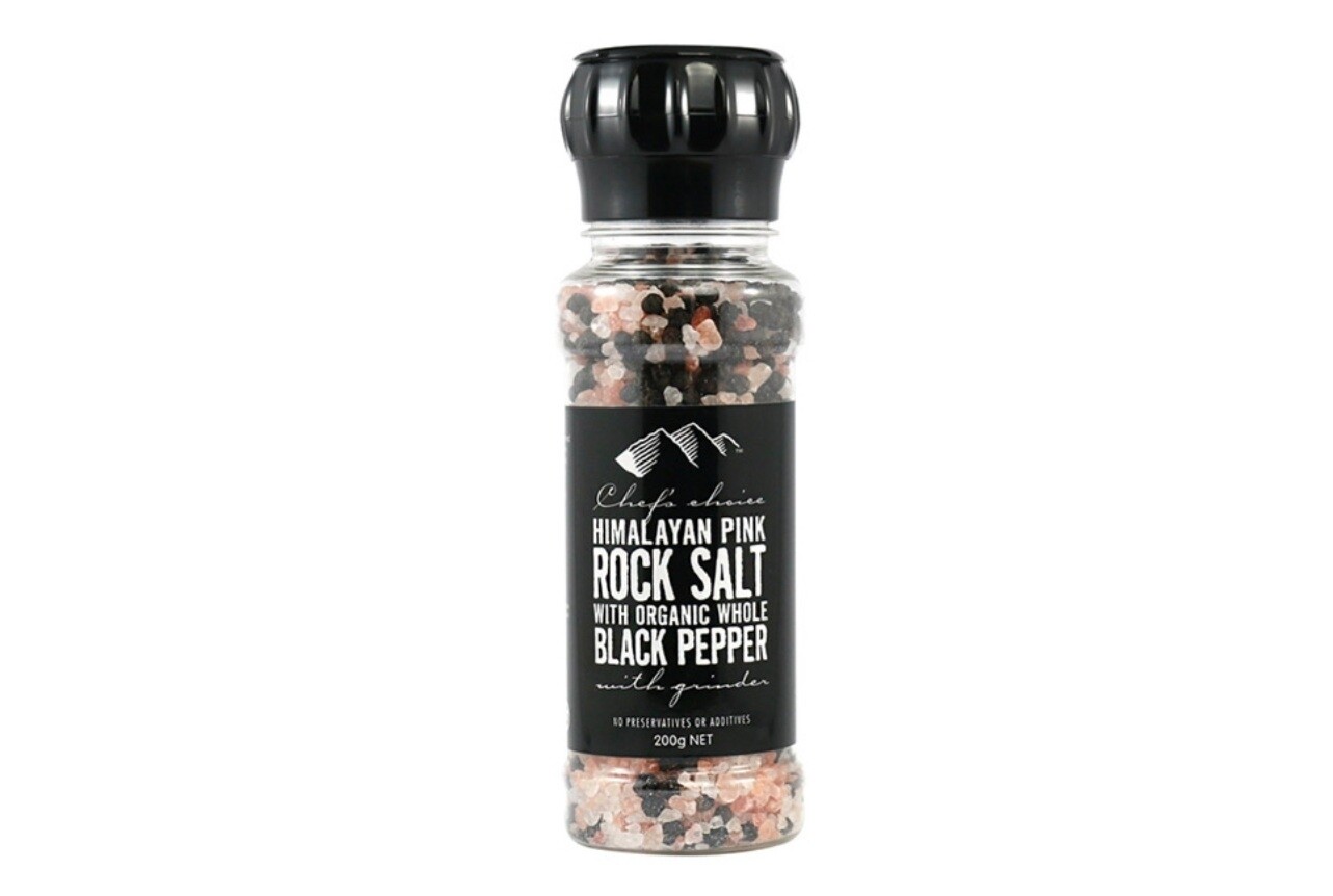 Chef&#39;s Choice Himalayan Pink Rock Salt with Organic Whole Pepper Grinder 200g
