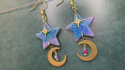 Star and golden moon earrings with holographic glitter and Swarovski crystals