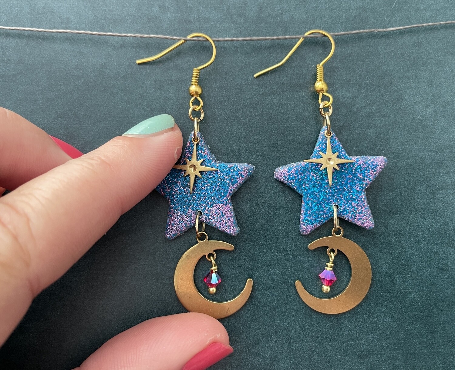 Star and golden moon earrings with holographic glitter and Swarovski crystals