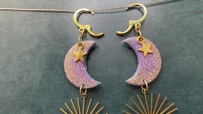 Ombre Crescent Moon + Starburst Holographic glitter crescent moon phase earrings