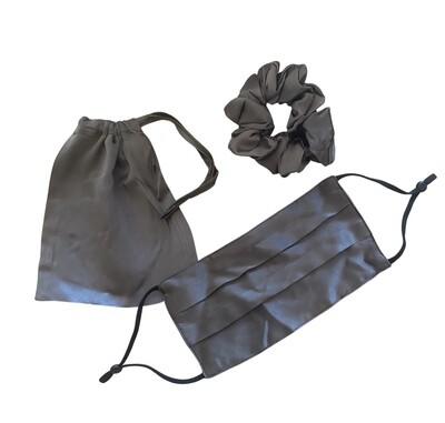 Silk Face Mask & Scrunchie Set - Dark Grey