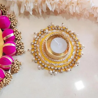 Yellow pearl &amp; diamond Candle Holder