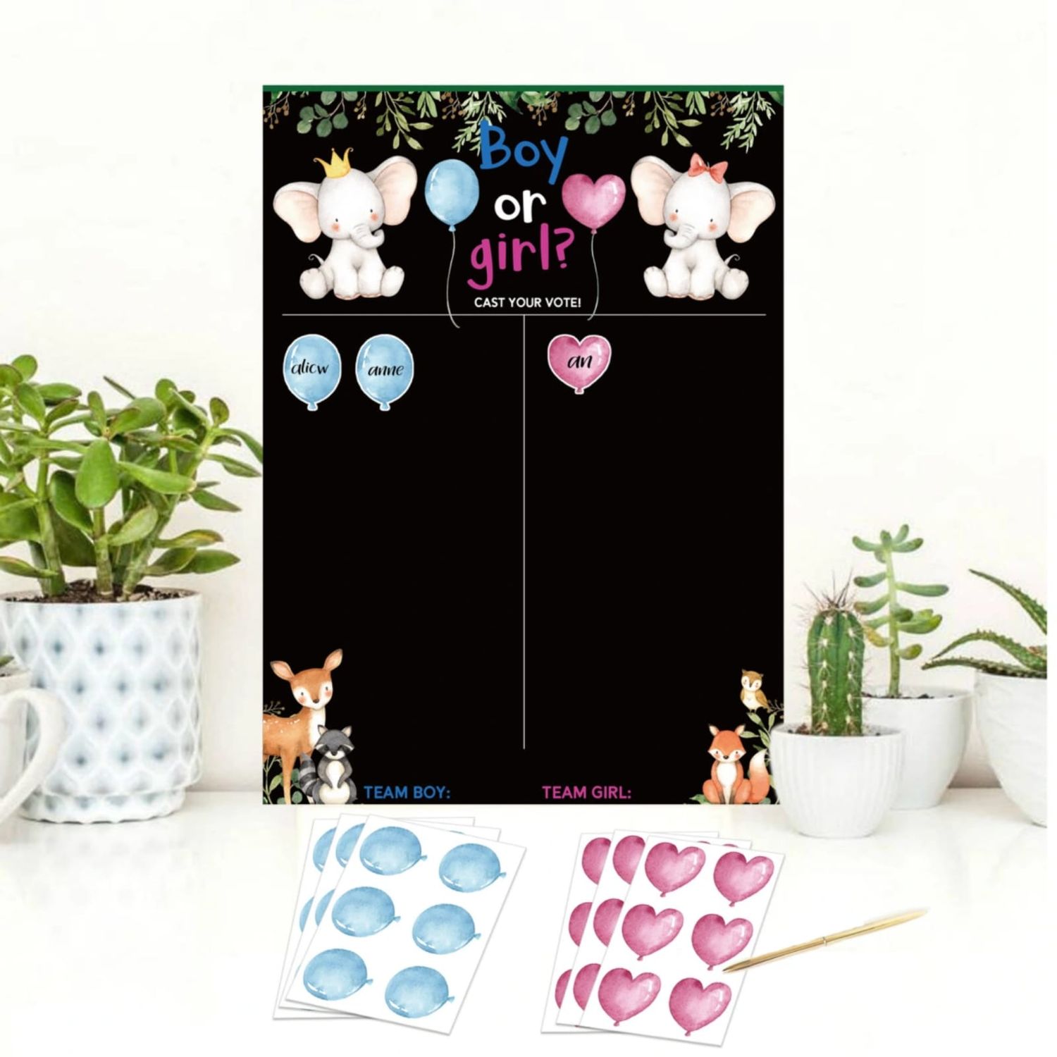 Gender Reveal Voting Game with stickers (black board)