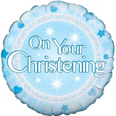 Holographic Blue &quot;On Your Christening&quot; Foil Balloon