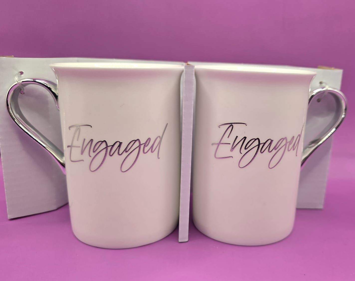 “Engaged” Ceramic Mug set – Heart Handle