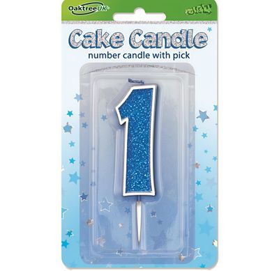 Number 1 Blue Glitter Cake Candle