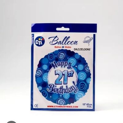 "21st Happy Birthday" Blue Foil Balloon