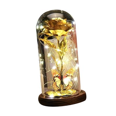LED Enchanted Rose in Glass Dome-Golden