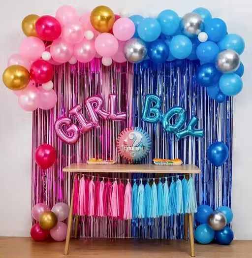 Gender Reveal Balloon Decoration Arch – Boy or Girl with foil curtain