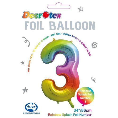 34&quot; Rainbow Splash Number 3 Foil Balloon