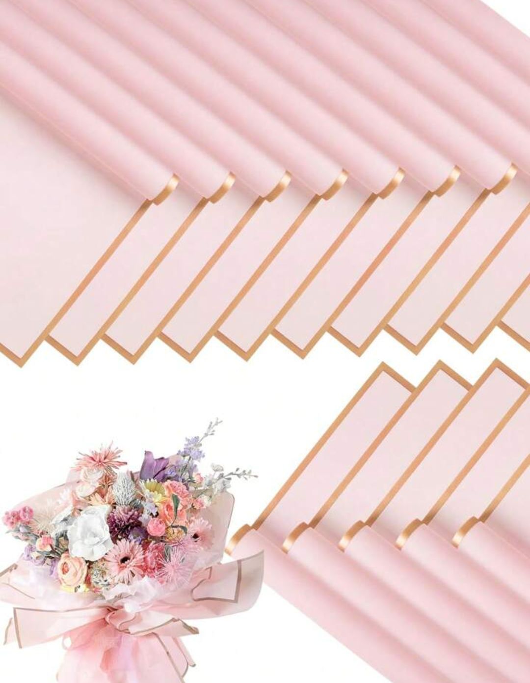 Flower Wrapping Paper with Golden Edge – Transparent Pink
