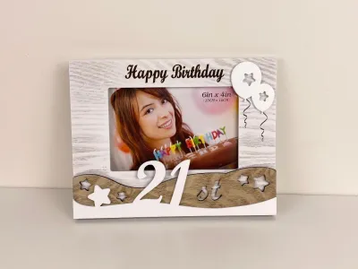 Happy 21st Birthday Wooden Frame – White &amp; Wood Finish (6" x 4")