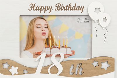 Happy 18th Birthday Wooden Frame – White &amp; Wood Finish (6" x 4")