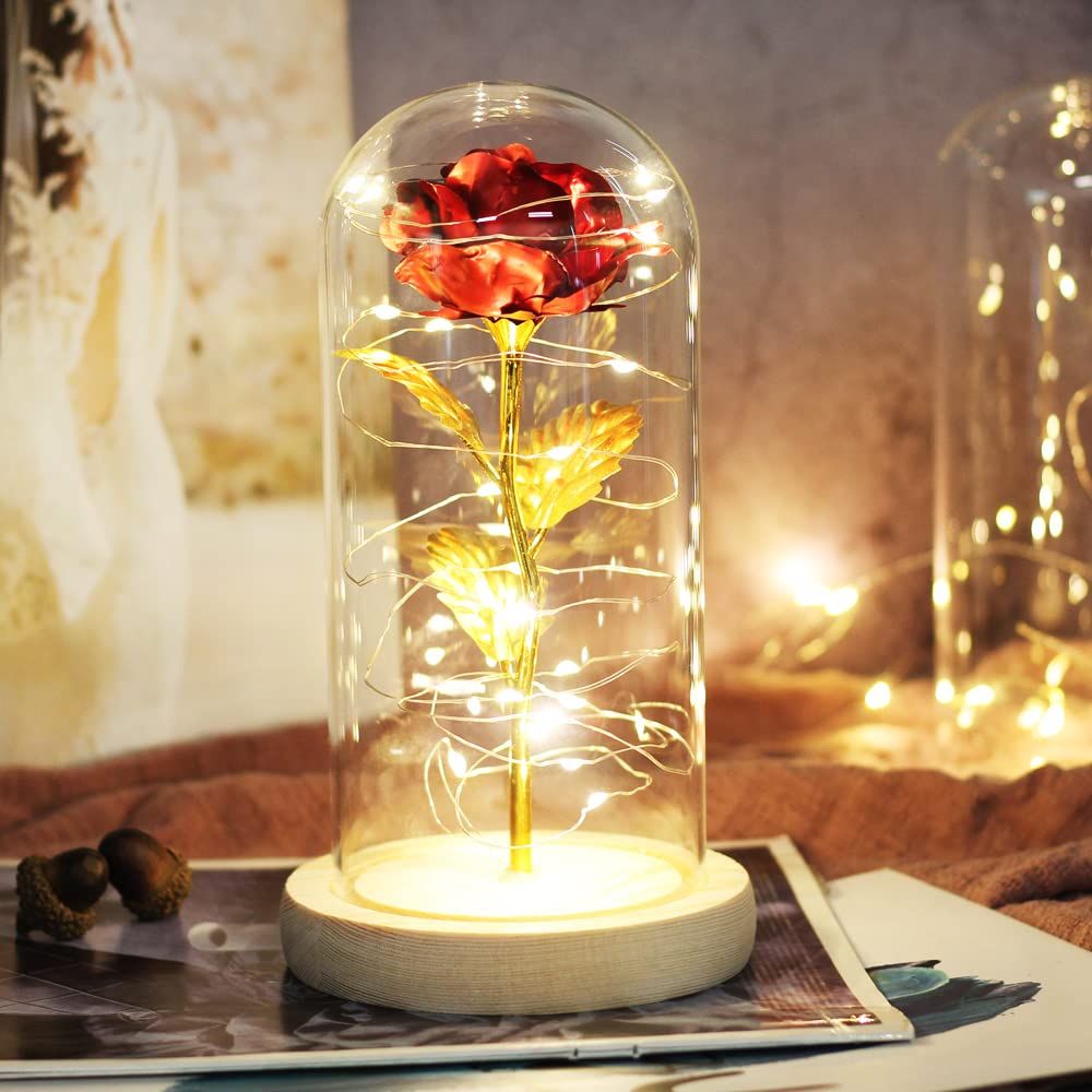 LED Enchanted Rose in Glass Dome-Red