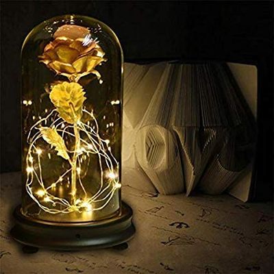 LED Enchanted Rose in Glass Dome-Golden