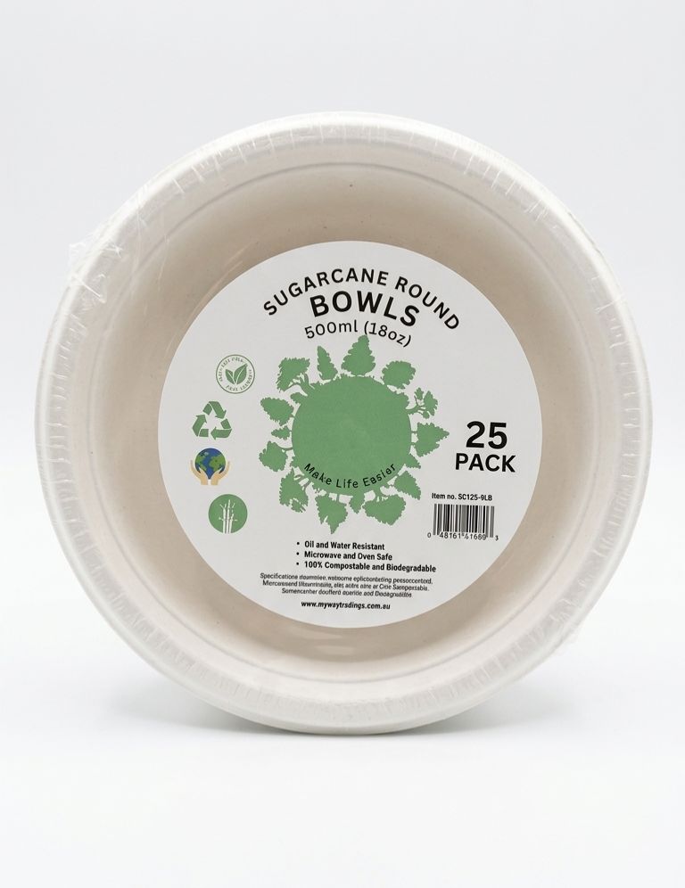 Compostable Sugarcane Bagasse Bowls – 500ml (25 Pack)