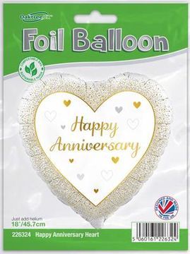 Happy Anniversary Heart Foil Balloon – Gold &amp; White