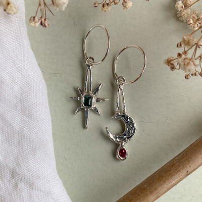 OOAK Celestial Witch Earrings - Ruby &amp; Emerald