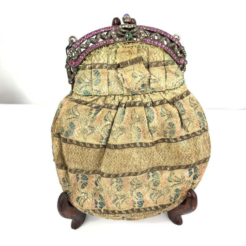 Authentic Georgian Silk Tapestry Rose Cut Diamond Handbag Chased Silver Purse