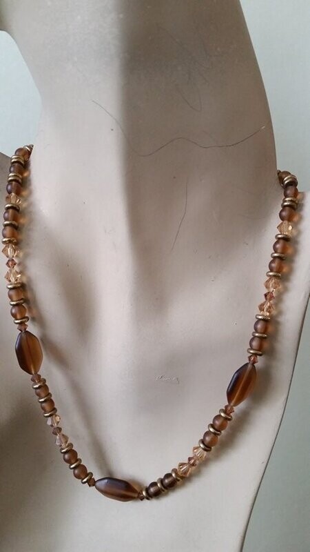 Dark Brown Frosted Glass and Swarovski Austrian Crystal Necklace