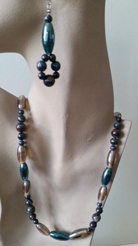 Peristerite and Fire Polished Glass Beads Necklace and Earring Set