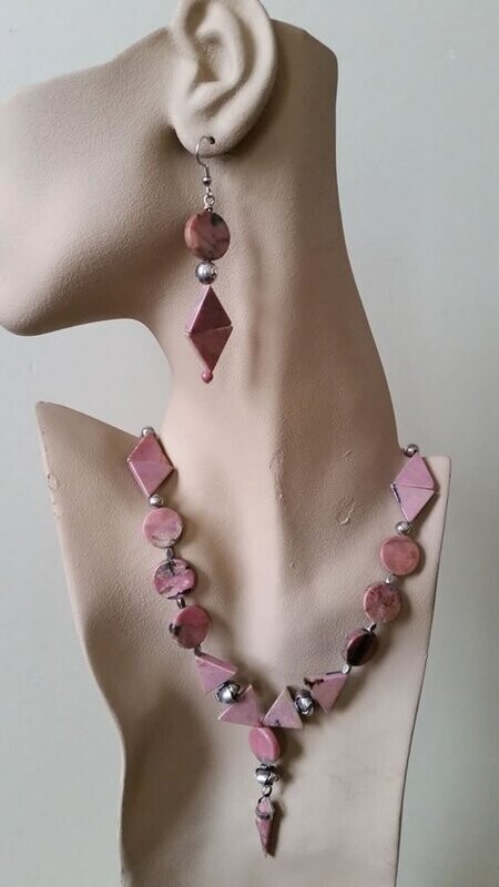 Rhodonite and Sterling Silver Necklace and Earring Set