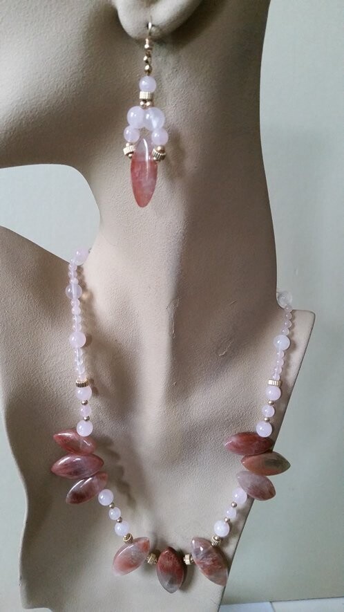 Tourmalated and Rose Quartz Necklace and Earring Set