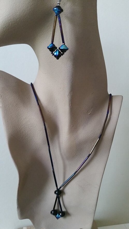 Iris Blue Glass Bugles and Iridescent Black Bicone Rounds Necklace and Earring Set