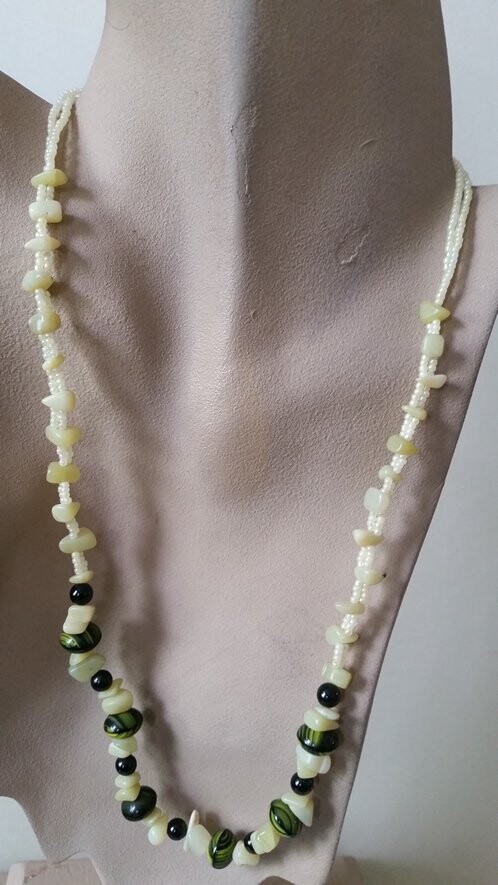 Serpentine Jade and Black and Yellow Deco Bead Necklace