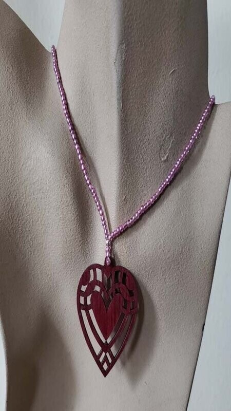 Metallic Lilac Wooden Laser Designed Heart Pendant Necklace