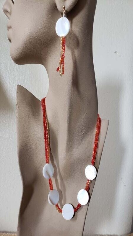 Orange, Beige, Red and Golden Seed Bead and Pearl Button Necklace and Earring Set