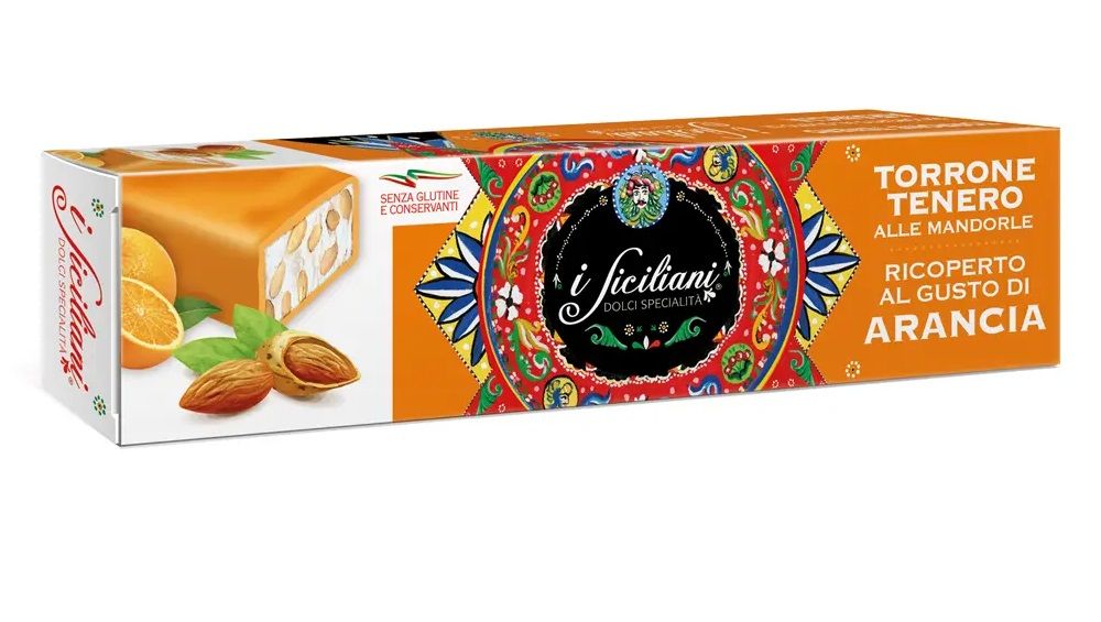 Soft almond nougat covered in orange flavouring 125gr