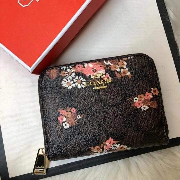 Coach Black Flower Print Zipper Small Wallet