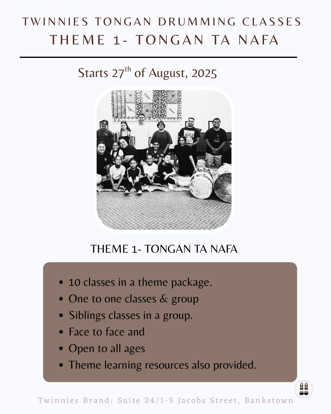 TWINNIES TONGAN DRUMMING CLASS PACKAGE 1-TA NAFA
