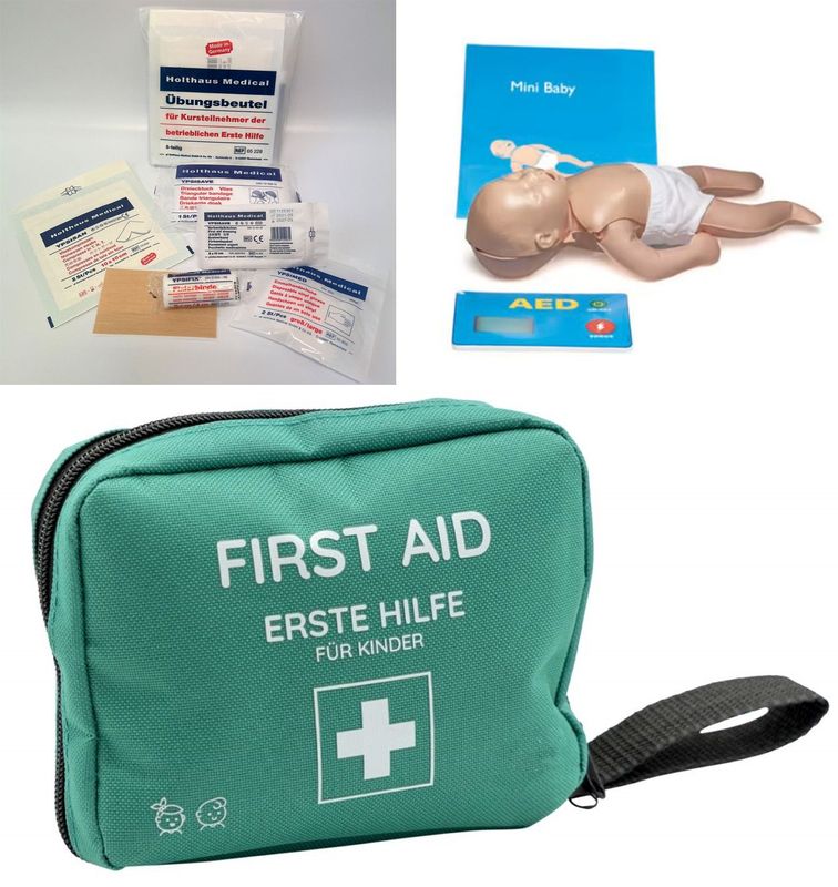 3er-Bundle Übungspuppe Baby + Übungsbeutel Verbandmaterial (5er-Pack) + Erste-Hilfe-Set für Kinder 3er-Bundle Übungspuppe Baby + Übungsbeutel Verbandmaterial (5er-Pack) + Erste-Hilfe-Set für Kinder