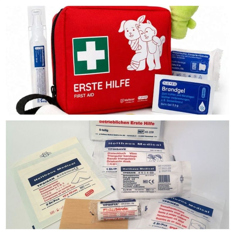 2er-Bundle Übungsbeutel Verbandmaterial (5er-Pack) + Erste-Hilfe-Set für Kinder (76-teilig)