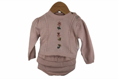 Floral Cotton Knit Baby Sweater + Ruffle Bloomer Set