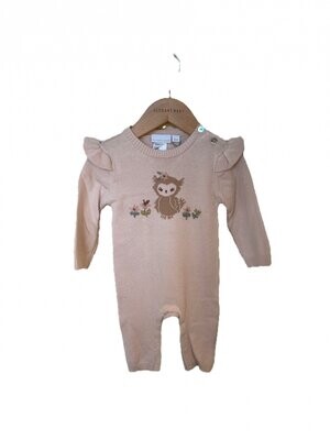 Owl Cotton Knit Baby Jumpsuit in Blush