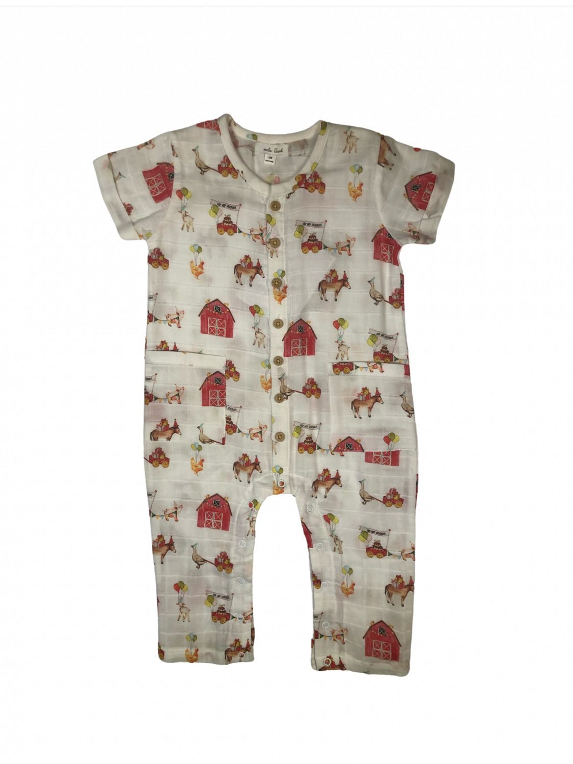 FARM PARTY ORGANIC MUSLIN ROMPER WITH POCKETS