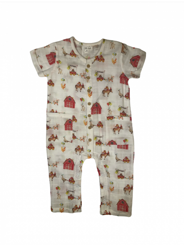 FARM PARTY ORGANIC MUSLIN ROMPER WITH POCKETS