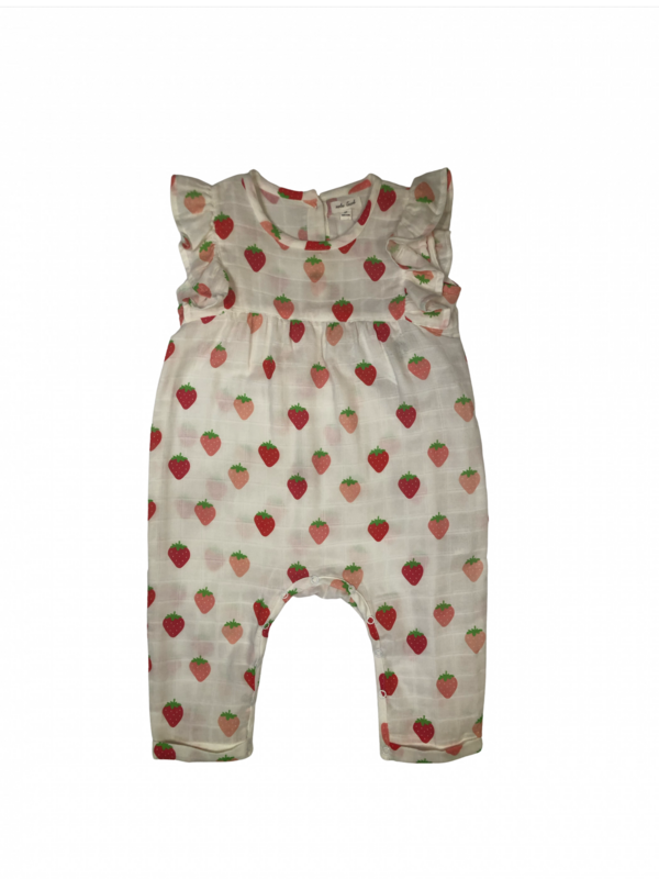 BERRY NICE STRAWBERRY ORGANIC MUSLIN ROMPER WITH RUFFLES