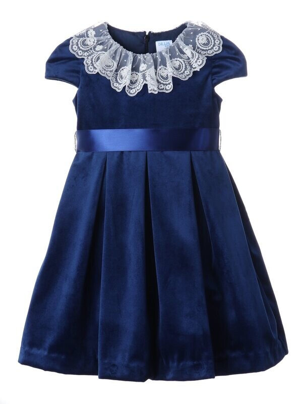 Navy Deluxe Velvet Dress With Lace Collar