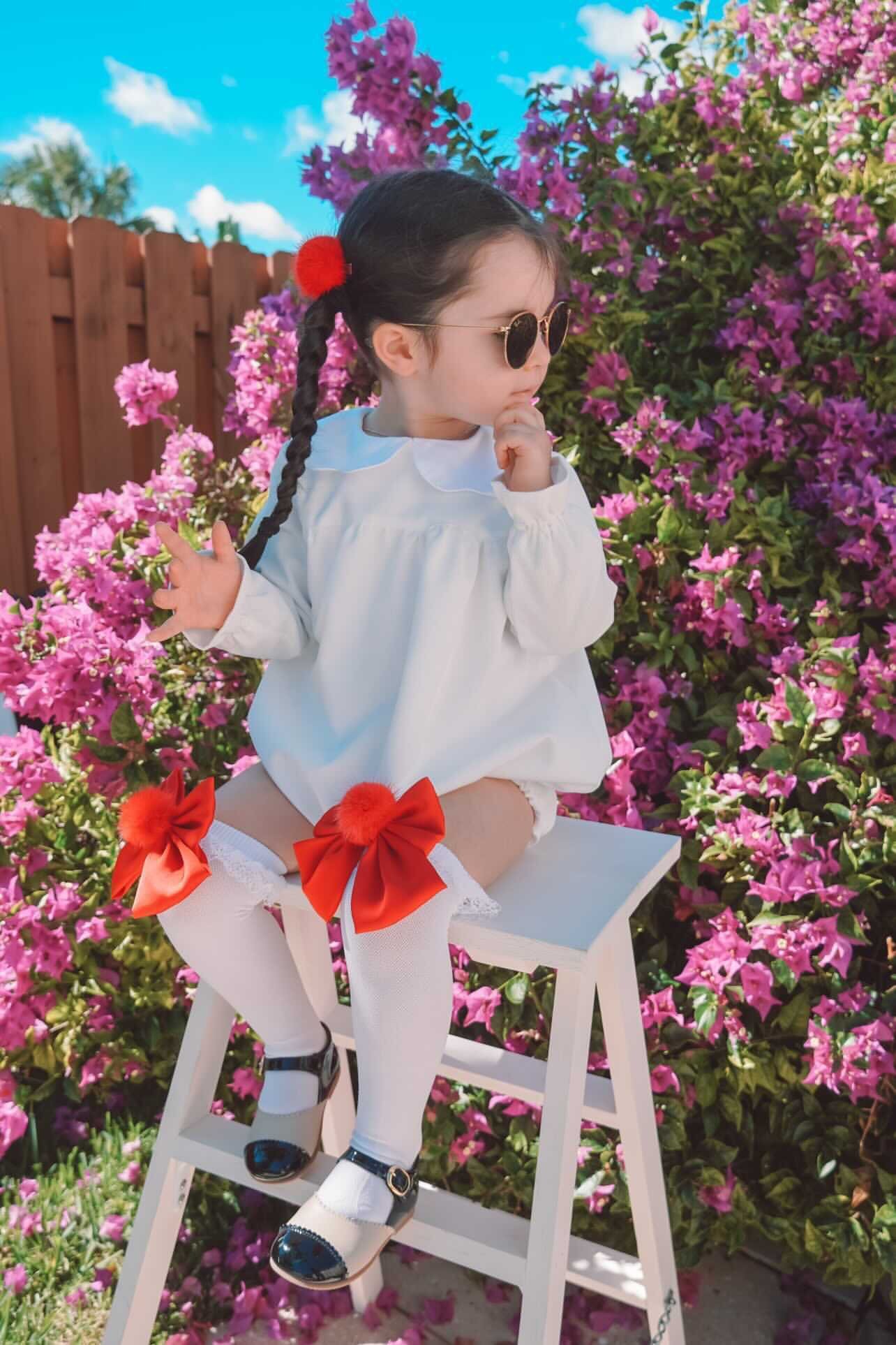 Lana Ruffle Satin Bows & Poms- Red