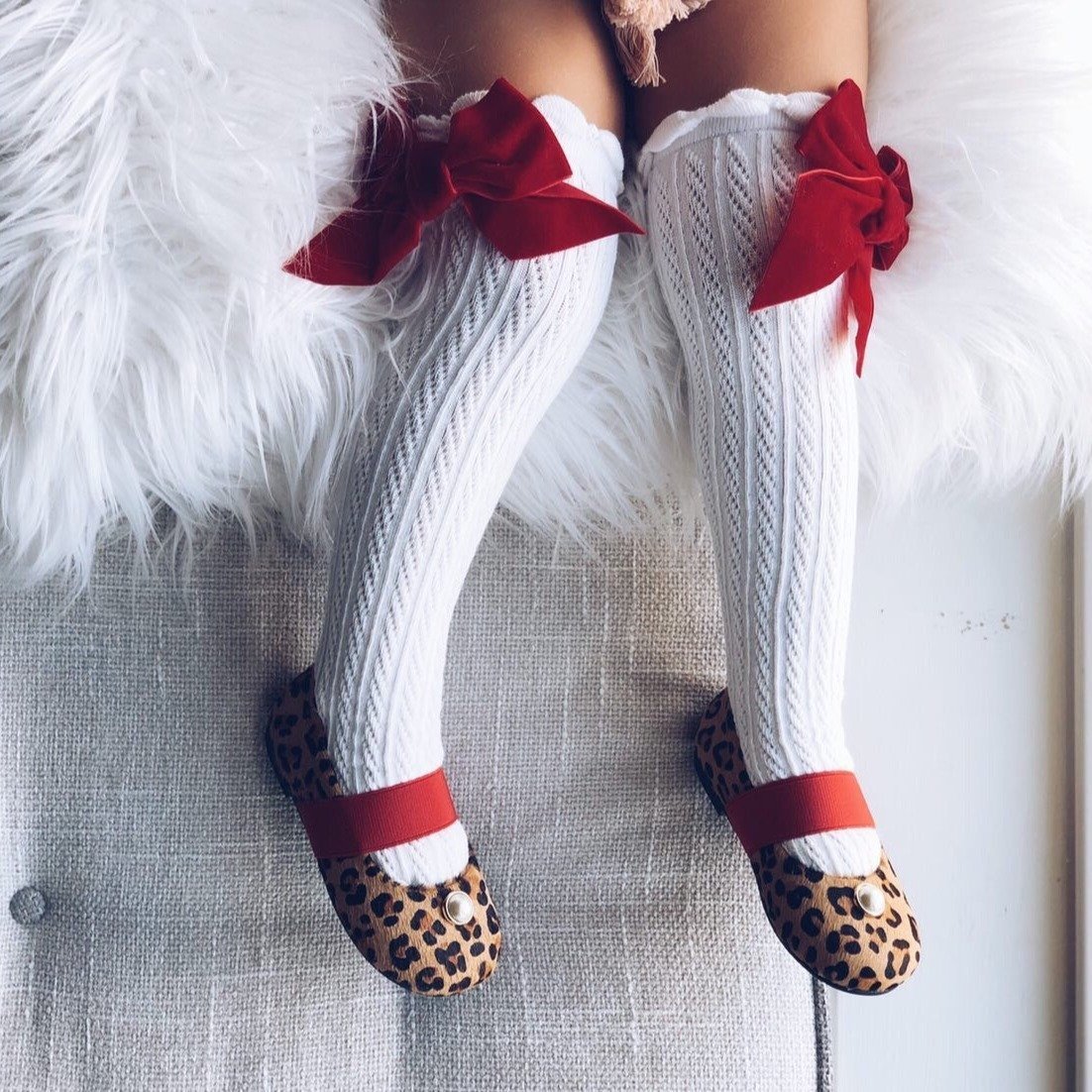 White Knee High Socks With Velvet Bows -Red