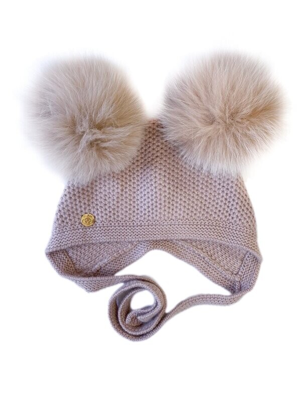 Honeycomb Ballet  Pink Cashmere Bonnet with Tan Poms