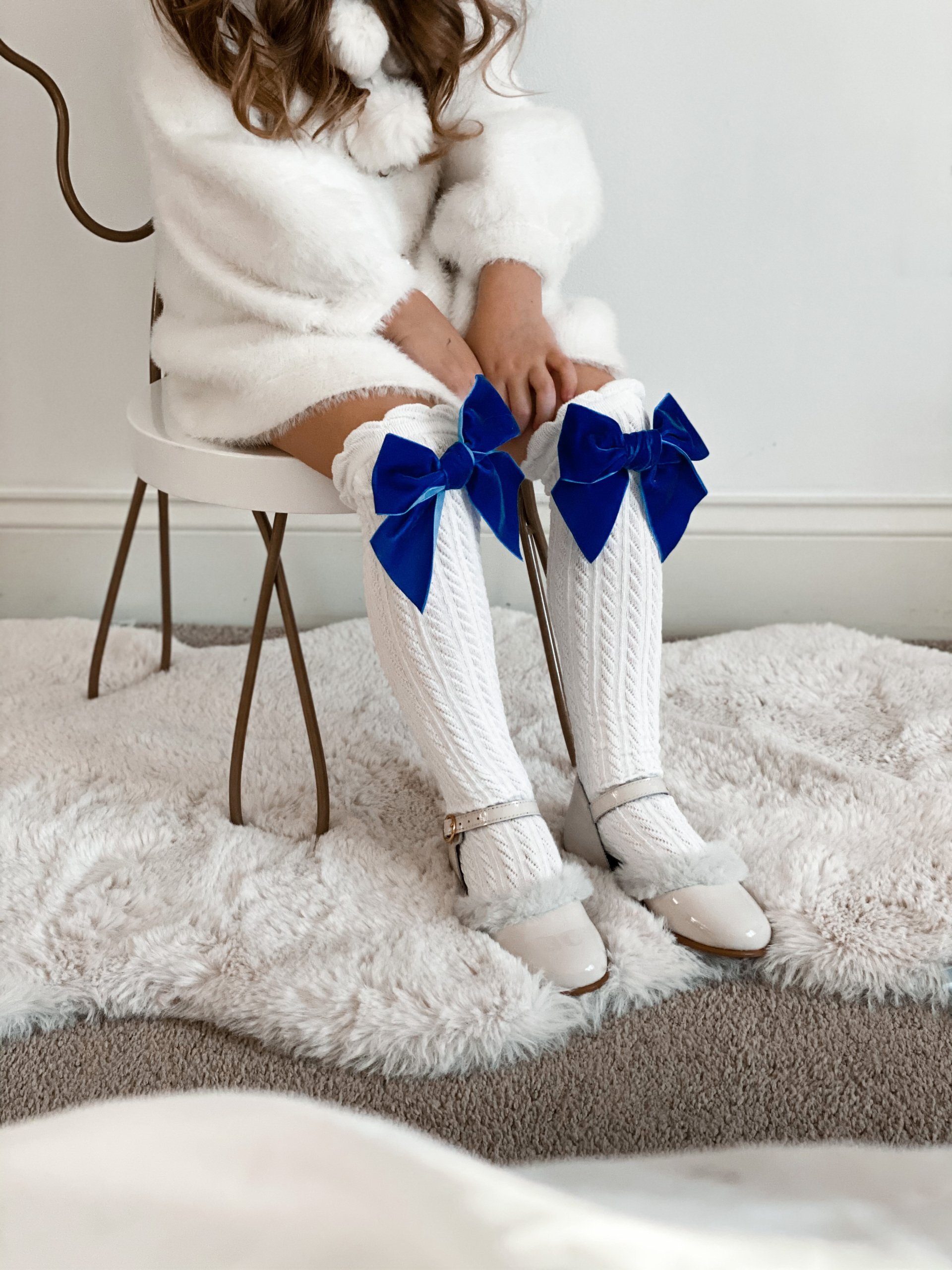 White Knee High Socks with Velvet Bows- Royal Blue Bow